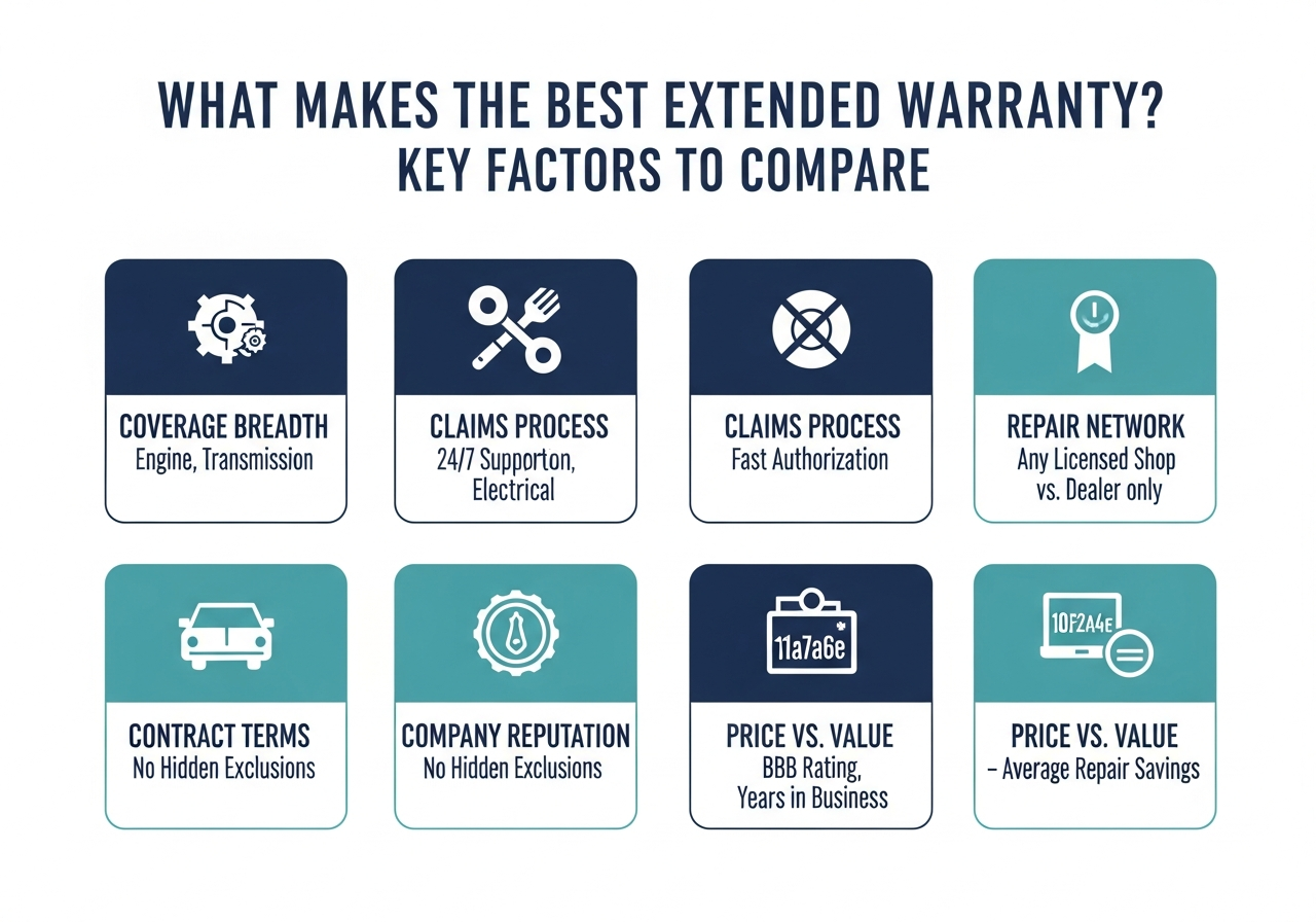 Infographic showing six key factors to compare when choosing the best extended car warranty: coverage breadth, claims process, repair network, contract terms, company reputation, and price versus value
