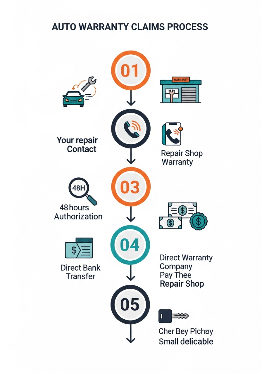Step-by-step claims process flowchart: 1) Take car to any licensed shop, 2) Shop contacts Athena claims line, 3) Advocate reviews and authorizes within 48 hours, 4) Athena pays the shop directly, 5) Customer pays $100 deductible at pickup
