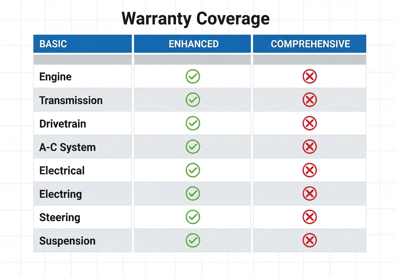 Coverage tier comparison diagram showing what is included in Basic, Enhanced, and Comprehensive extended warranty plans across engine, transmission, electrical, A/C, and other systems