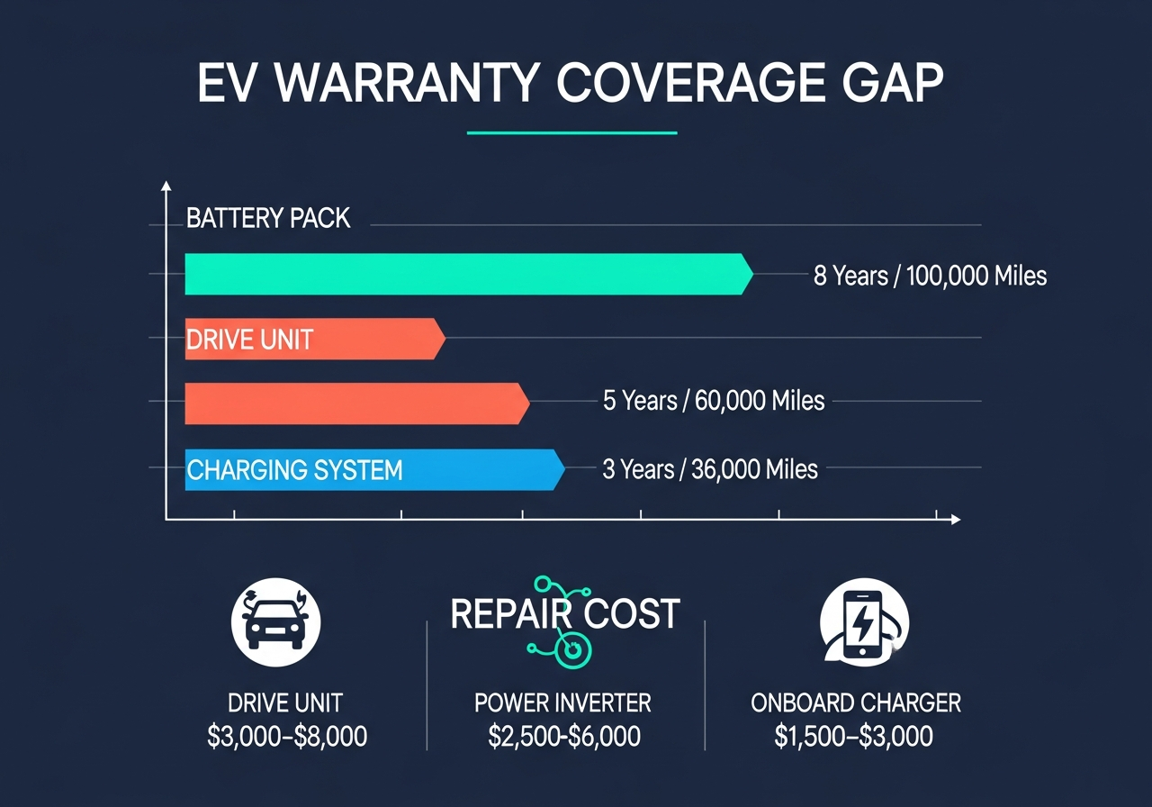 Infographic showing EV warranty coverage gap: battery pack covered 8 years/100,000 miles, drive unit only 5 years/60,000 miles, and charging system only 3 years/36,000 miles, with repair cost bubbles showing drive unit $3,000–$8,000, power inverter $2,500–$6,000, onboard charger $1,500–$3,000