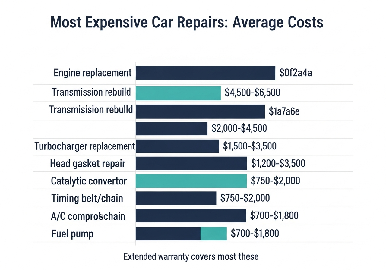 Infographic bar chart showing the eight most expensive car repairs by average cost, including transmission replacement at $4,000 to $8,000, engine replacement at $4,000 to $10,000, turbocharger at $2,000 to $4,500, and other major mechanical failures