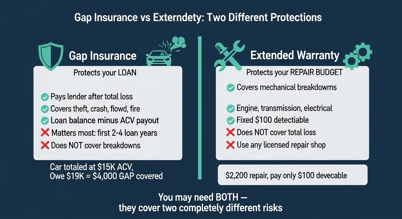 Side-by-side infographic comparing gap insurance versus extended warranty. Gap insurance column: protects your loan, pays lender after total loss, covers theft/crash/flood/fire, matters in first 2–4 loan years, does not cover repairs. Extended warranty column: protects your repair budget, covers mechanical breakdowns, engine/transmission/electrical, fixed $100 deductible, use any licensed shop, does not pay off your loan. Bottom note: you may need both as they cover completely different risks.
