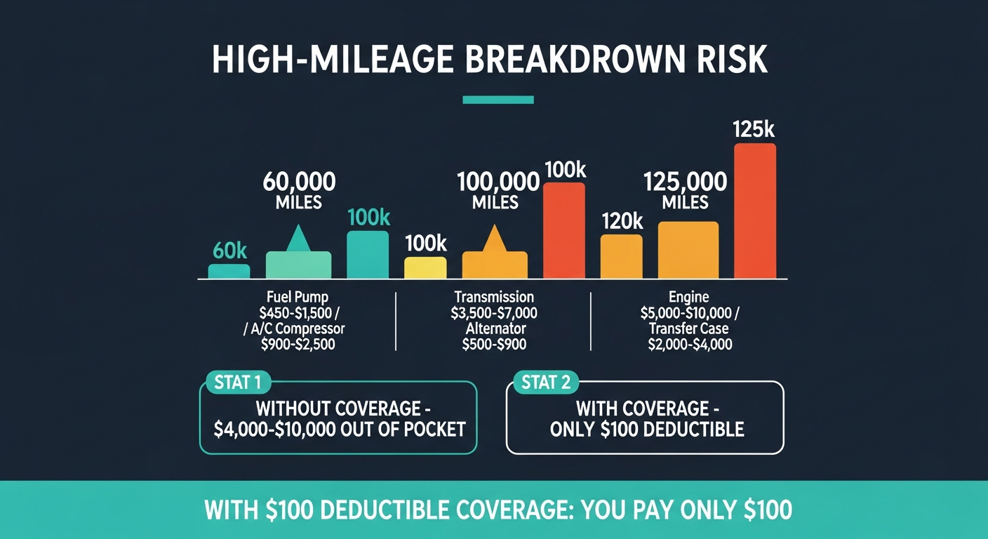 Infographic showing how vehicle breakdown risk and repair costs escalate at 60,000, 100,000, and 125,000 miles — from fuel pump and A/C compressor failures up to transmission and engine replacements costing $5,000–$10,000 — with a comparison showing $100 deductible coverage versus $4,000–$10,000 out of pocket