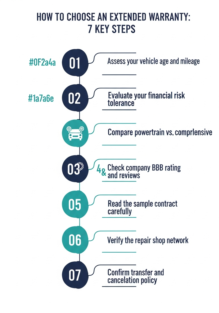 Step-by-step infographic showing seven steps to choose an extended car warranty: assess vehicle details, evaluate financial risk, compare coverage levels, check company reputation, read the contract, verify the repair network, and confirm transfer policy