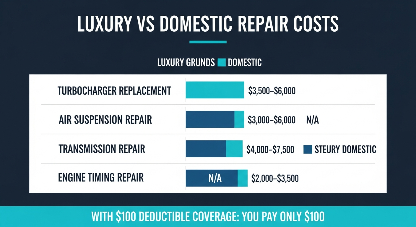 Bar chart comparing luxury vehicle repair costs (BMW, Mercedes, Audi) versus domestic brand equivalents for turbocharger replacement, air suspension repair, transmission repair, and engine timing repair — luxury repairs cost 2–5x more