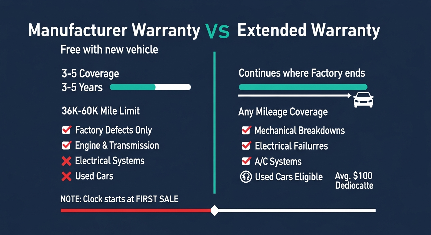 Side-by-side infographic comparing manufacturer warranty versus extended warranty. Manufacturer warranty covers factory defects for 3–5 years or 36K–60K miles starting at first sale. Extended warranty continues coverage for mechanical breakdowns after factory protection expires, including used cars, with a $100 deductible.