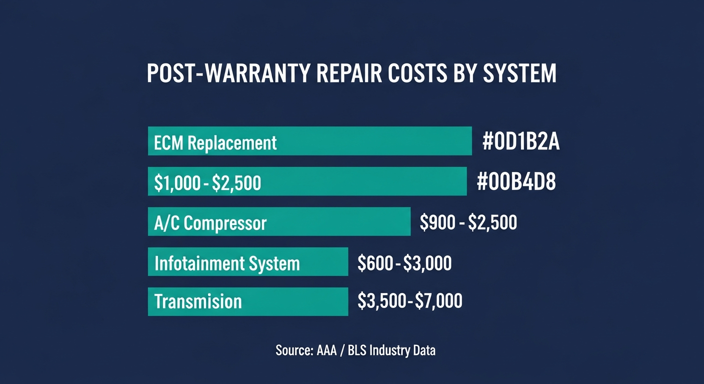 Bar chart infographic showing post-warranty repair costs by vehicle system: ECM Replacement $1,000–$2,500, A/C Compressor $900–$2,500, Infotainment System $600–$3,000, and Transmission $3,500–$7,000. Source: AAA and BLS industry data.