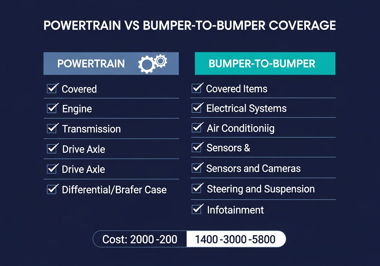 Side-by-side infographic comparing powertrain vs bumper-to-bumper warranty coverage. Powertrain column lists engine, transmission, drive axle, and differential. Bumper-to-bumper column adds electrical systems, air conditioning, sensors and cameras, steering and suspension, and infotainment.