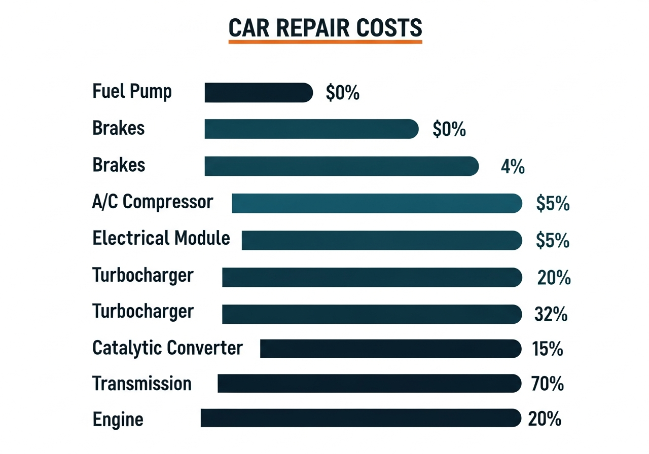 Bar chart comparing common car repair costs from fuel pump at $450–$1,500 up to engine replacement at $4,000–$10,000
