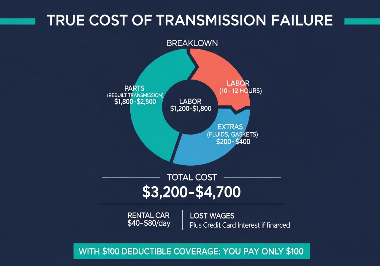 Infographic showing the true cost breakdown of transmission failure. Circular diagram with three sections: Parts (rebuilt transmission) $1,800–$2,500, Labor (10–12 hours) $1,200–$1,800, Extras (fluids and gaskets) $200–$400. Total $3,200–$4,700. Secondary costs shown: rental car $40–$80/day, lost wages, credit card interest if financed. Bottom banner: With $100 deductible coverage you pay only $100.