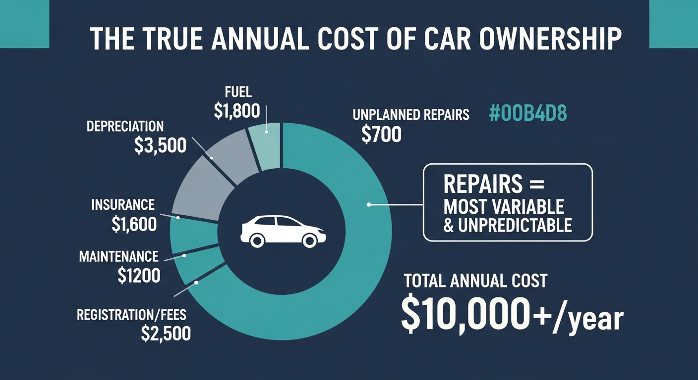 Infographic breaking down the true annual cost of car ownership by vehicle age: years 0–3 average $150–$300 in repairs, years 4–6 climb to $500–$800, years 7–10 reach $1,200–$2,500, and vehicles over 10 years old average $2,000–$4,000 or more annually in out-of-pocket repair expenses