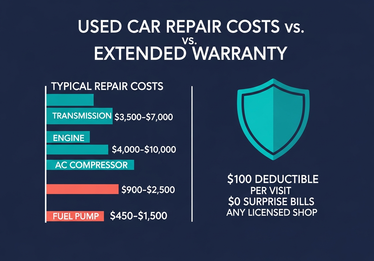 Infographic comparing used car repair costs vs. extended warranty value. Bar chart shows transmission replacement $3,500–$7,000, engine repair $4,000–$10,000, AC compressor $900–$2,500, fuel pump $450–$1,500. Shield icon highlights the plan benefit: $100 deductible per visit, $0 surprise bills, any licensed shop accepted.