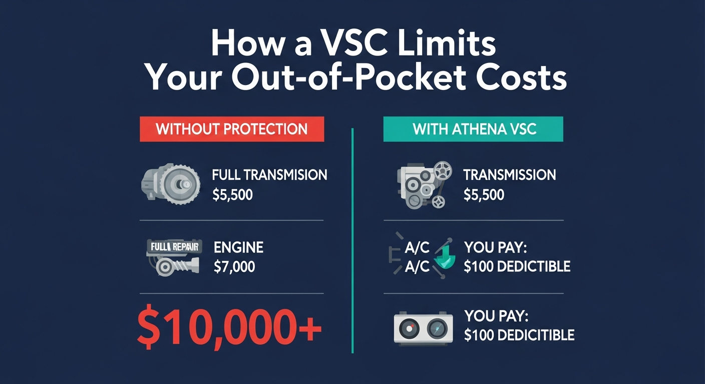 Side-by-side comparison infographic showing out-of-pocket costs without a VSC versus with an Athena VSC. Without protection: Transmission $5,500, Engine $7,000, A/C $1,800 paid in full. With Athena VSC: each repair costs only a $100 deductible regardless of total bill.