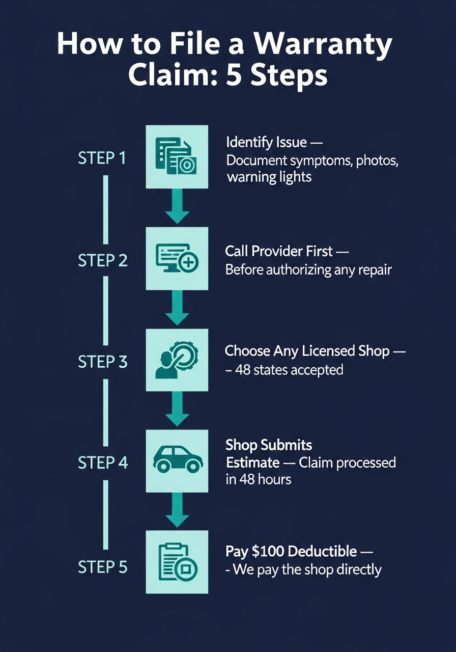 Infographic flowchart showing the 5-step warranty claims process: Step 1 identify the issue and document symptoms; Step 2 call your provider before authorizing any repair; Step 3 choose any licensed shop in 48 states; Step 4 shop submits estimate and claim is processed within 48 hours; Step 5 pay your $100 deductible while the provider pays the shop directly.