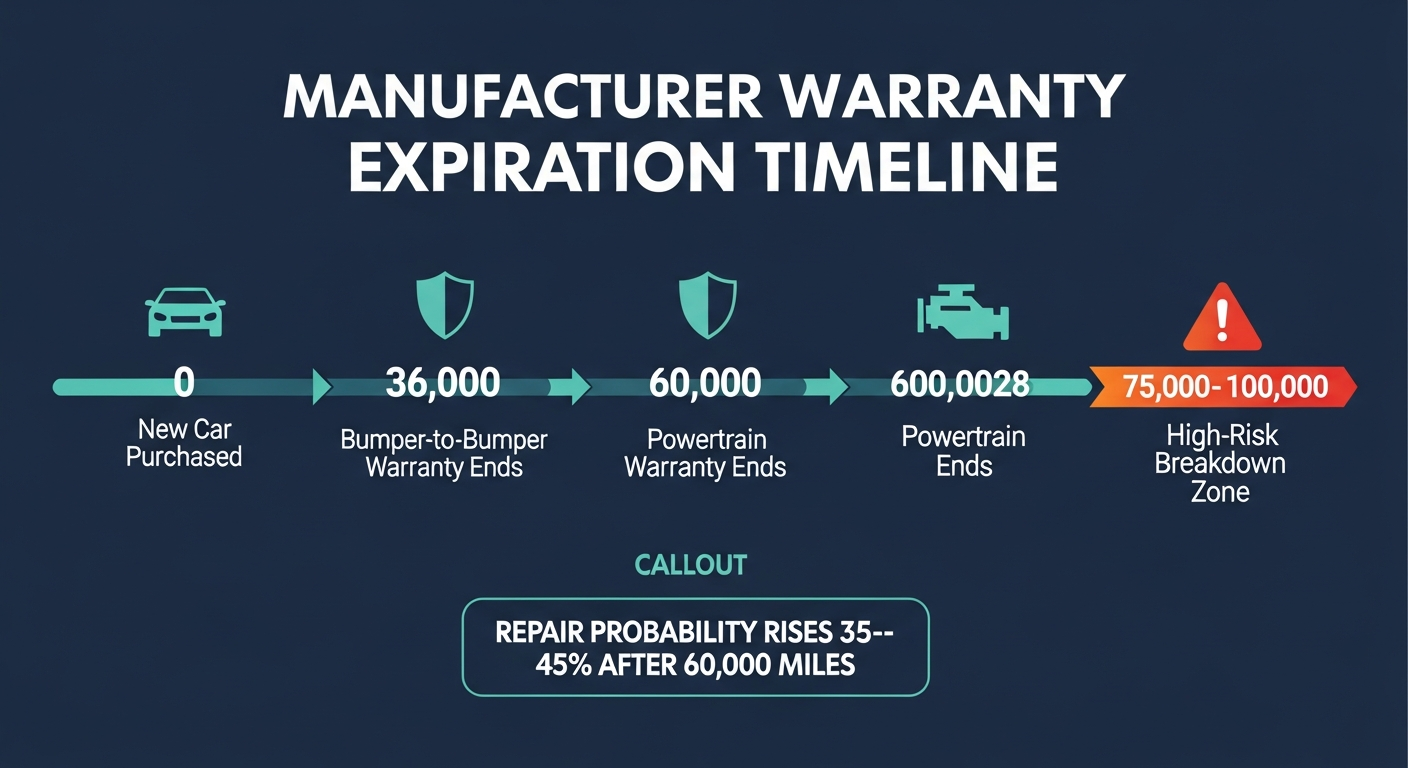 Horizontal timeline infographic showing manufacturer warranty expiration milestones: New car at 0 miles, bumper-to-bumper warranty ends at 36,000 miles, powertrain warranty ends at 60,000 miles, and a high-risk breakdown zone highlighted from 75,000 to 100,000 miles. A callout notes repair probability rises 35–45% after 60,000 miles.