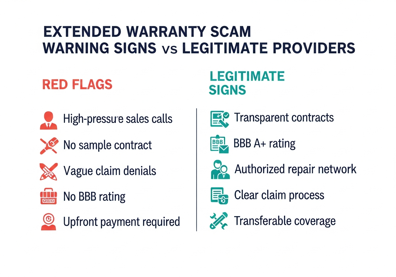 Infographic comparing extended warranty scam red flags versus signs of a legitimate vehicle protection plan provider — including BBB rating, sample contract availability, claims process, and payment model