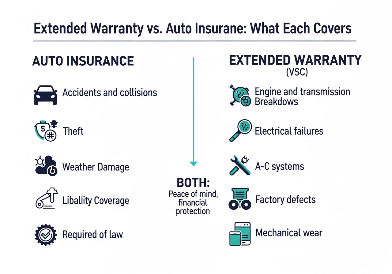 Infographic showing what auto insurance covers versus what an extended car warranty covers, with accidents and theft on the insurance side and engine breakdowns and electrical failures on the warranty side
