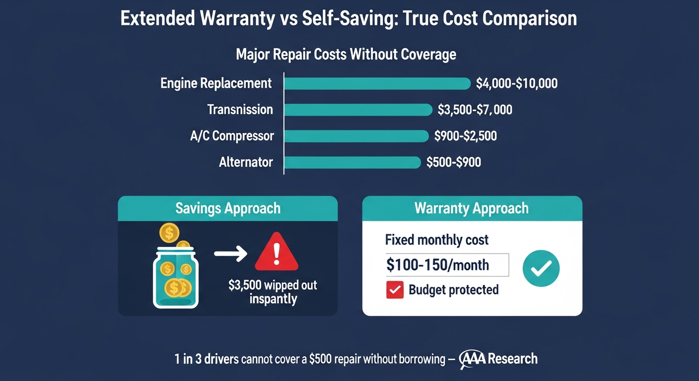 Infographic comparing extended warranty versus self-saving for car repairs. Bar chart shows major repair costs: engine replacement $4,000–$10,000, transmission $3,500–$7,000, A/C compressor $900–$2,500, alternator $500–$900. Side-by-side comparison shows savings approach depletes emergency fund while warranty approach limits cost to $100 deductible. Statistic: 1 in 3 drivers cannot cover a $500 repair without borrowing.