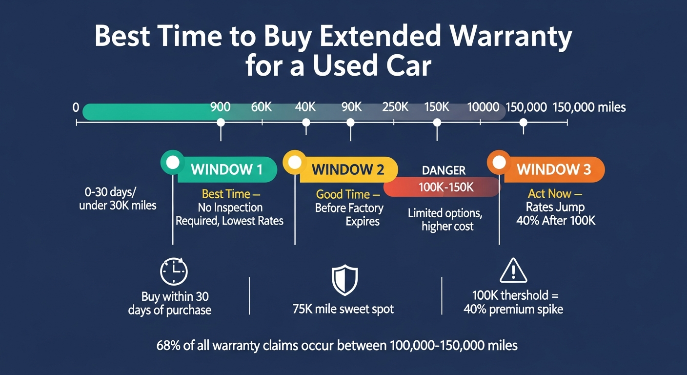 Timeline infographic showing the three best windows to buy an extended warranty for a used car. Window 1: within 30 days of purchase for no inspection and lowest rates. Window 2: before 75,000 miles while factory warranty is active. Window 3: before 100,000 miles to avoid a 40% rate increase. Danger zone marked between 100,000–150,000 miles showing limited options. Bottom stat: 68% of warranty claims occur between 100,000–150,000 miles.
